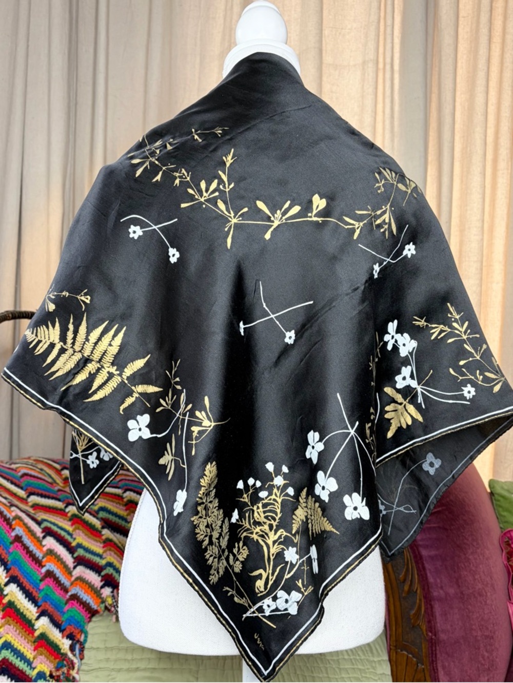 Vera Silk Scarf Black and Gold Botanical